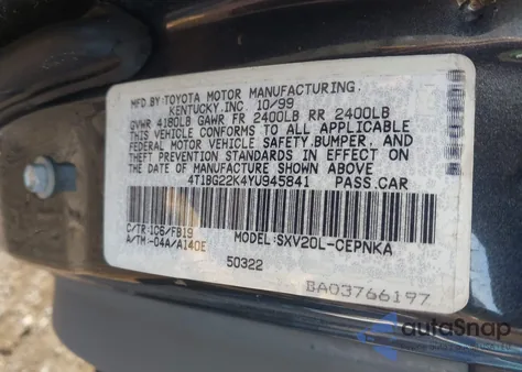 2000 Toyota Camry Le z USA, uszkodzony, nr VIN 4T1BG22K4YU945841